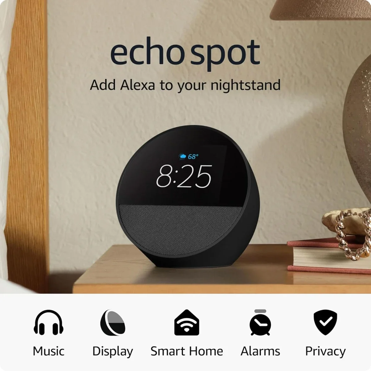 ساعة منبه ذكية Amazon Echo Spot (إصدار 2024) مع Alexa وصوت نابض بالحياة - أسود - Thumbnail 2