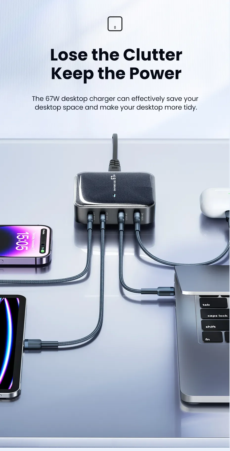 محطة شحن مكتبية TOOCKI بقدرة 67 واط و4 منافذ USB، قابس أوروبي، أسود - Thumbnail 9