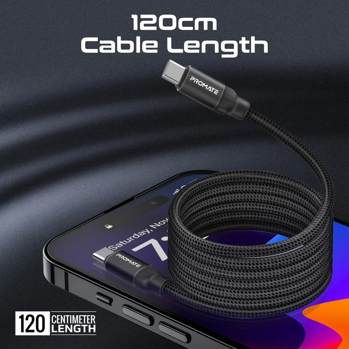 كابل Promate Springy USB-C إلى USB-C مغناطيسي مجدول 60 واط 120 سم أسود - Image 7