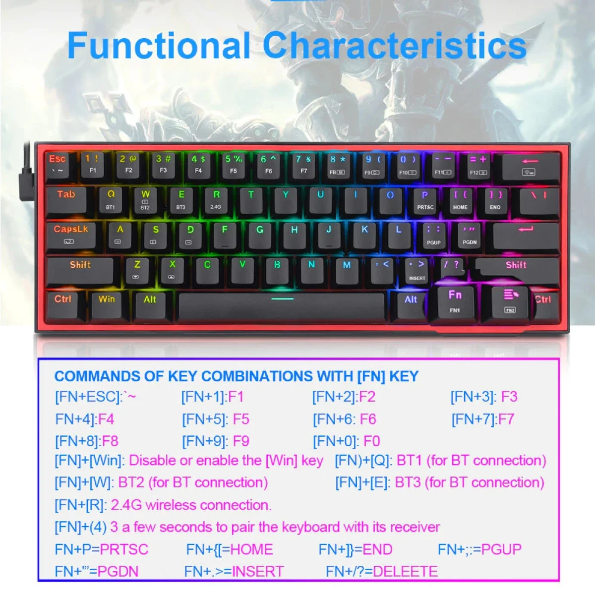 Redragon K617 Fizz RGB 60% Mechanical Gaming Keyboard, 61 Keys, Red Switches, Black - Thumbnail 2