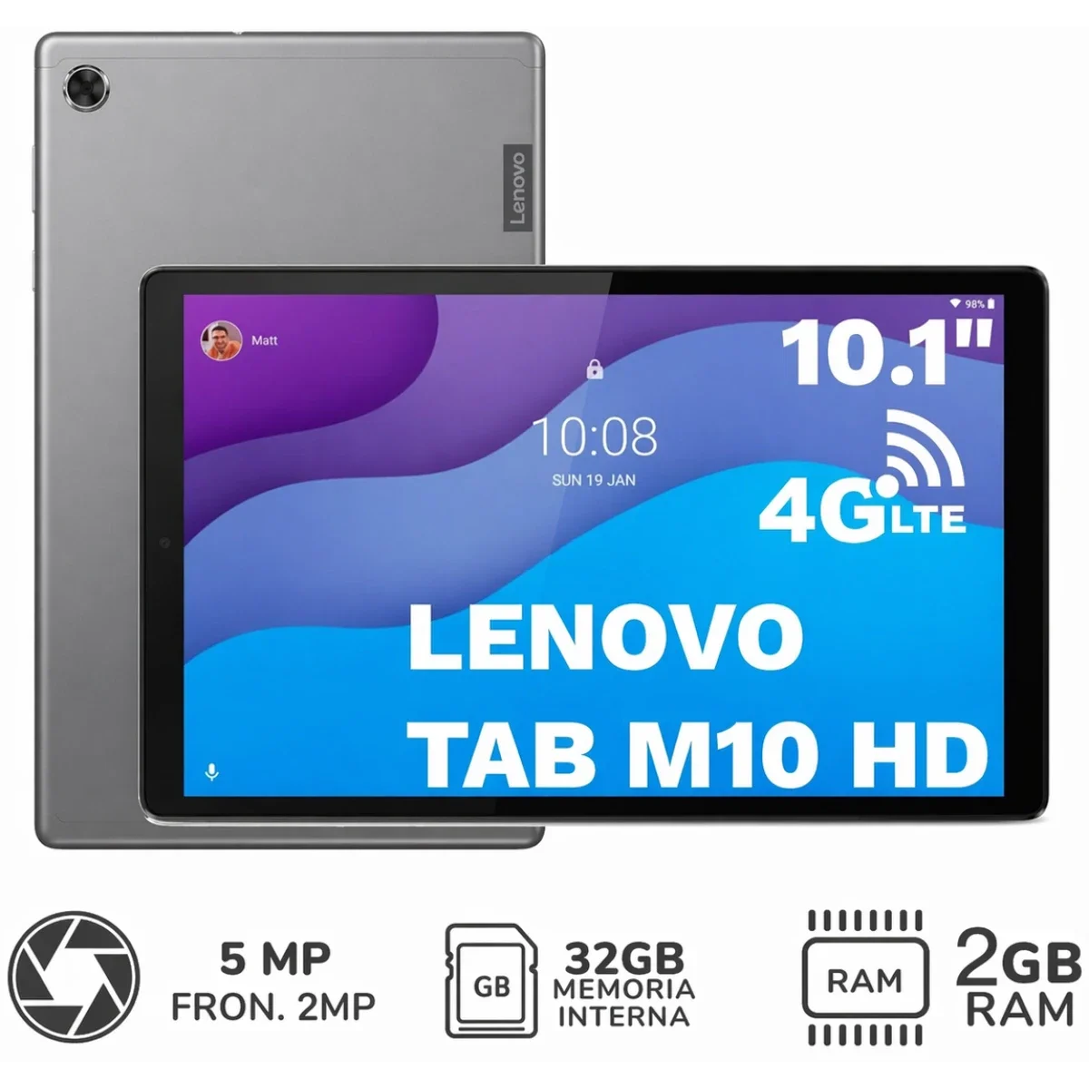 Lenovo Tab M10 HD TB-X306X 10.1-Inch 4G LTE Android Tablet, 2GB RAM, 32GB, Platinum Grey