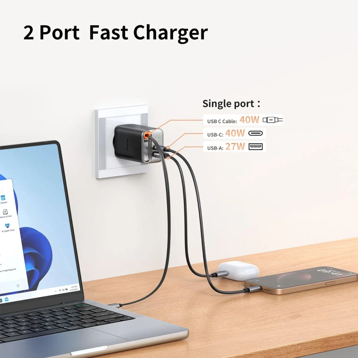 Mcdodo CH-4280 40W GaN5 USB-C Charger with Retractable Cable, Dual USB Ports, LED Display - Black - Thumbnail 5
