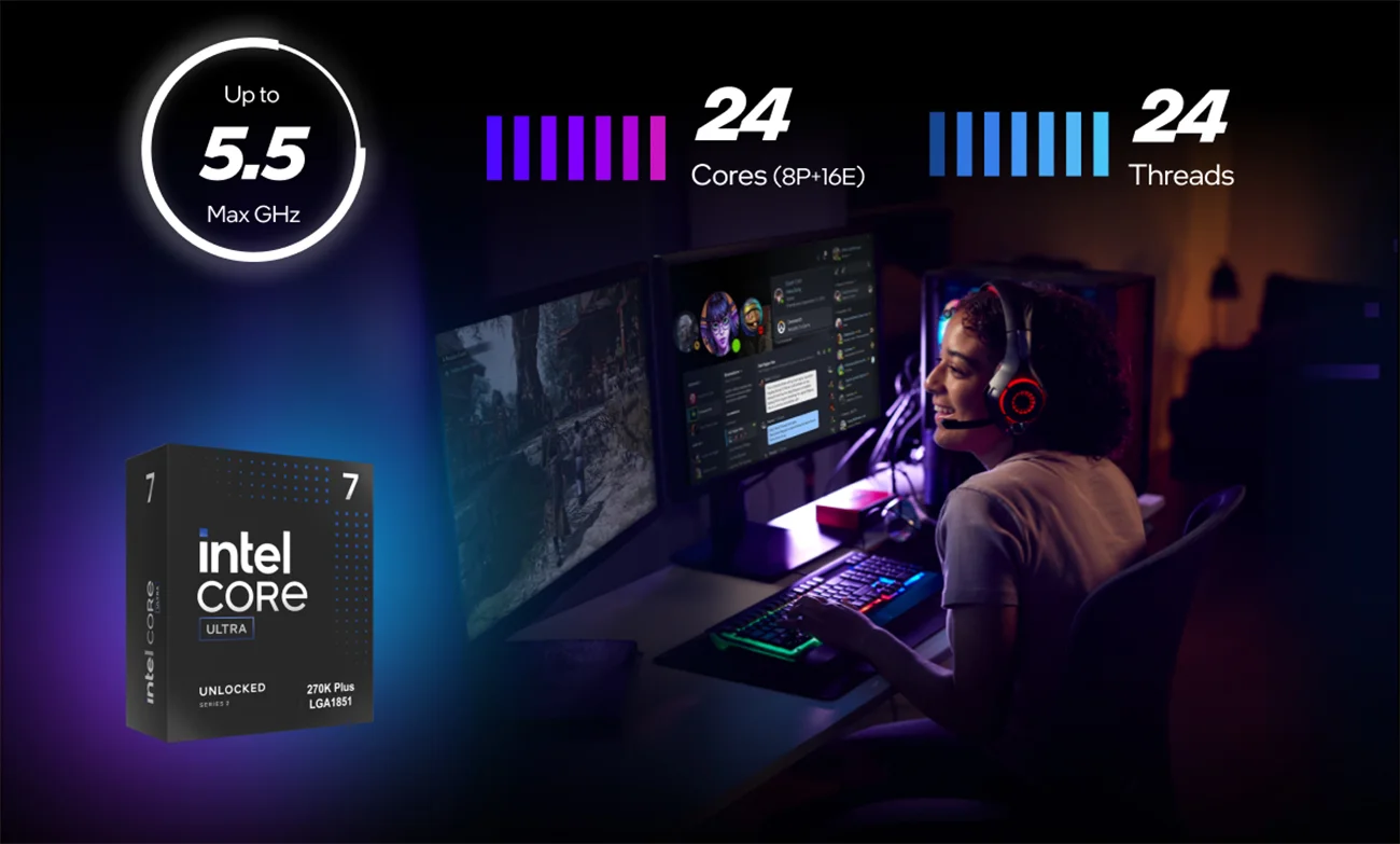 معالج مكتبي Intel Core Ultra 7 270K مفتوح القفل بـ24 نواة حتى 5.5 جيجاهرتز وذاكرة مخبأة 76MB - Tray - Image 2