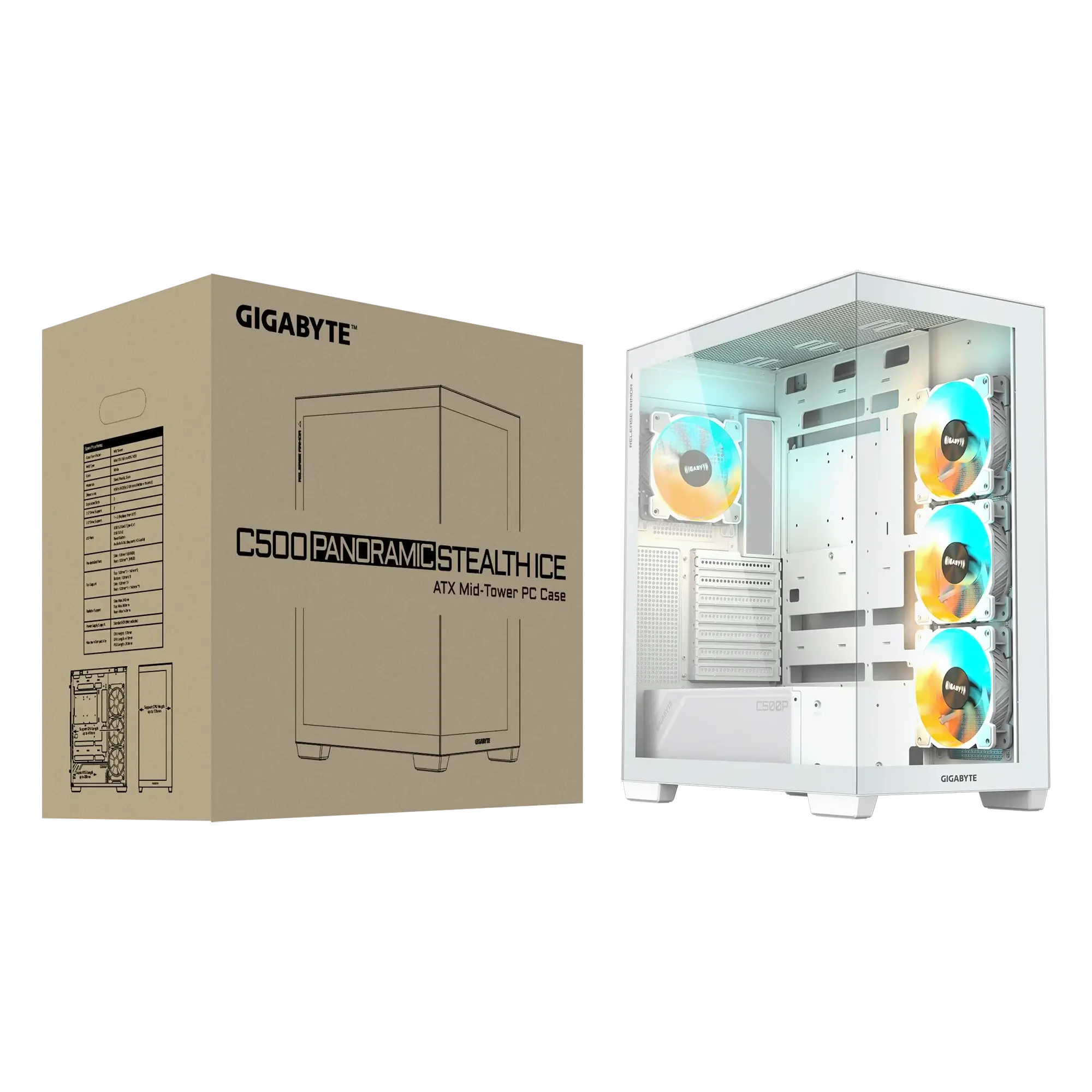 صندوق كمبيوتر ألعاب GIGABYTE C500 Panoramic Stealth ICE زجاج مقوى مع 4 مراوح ARGB - Image 3