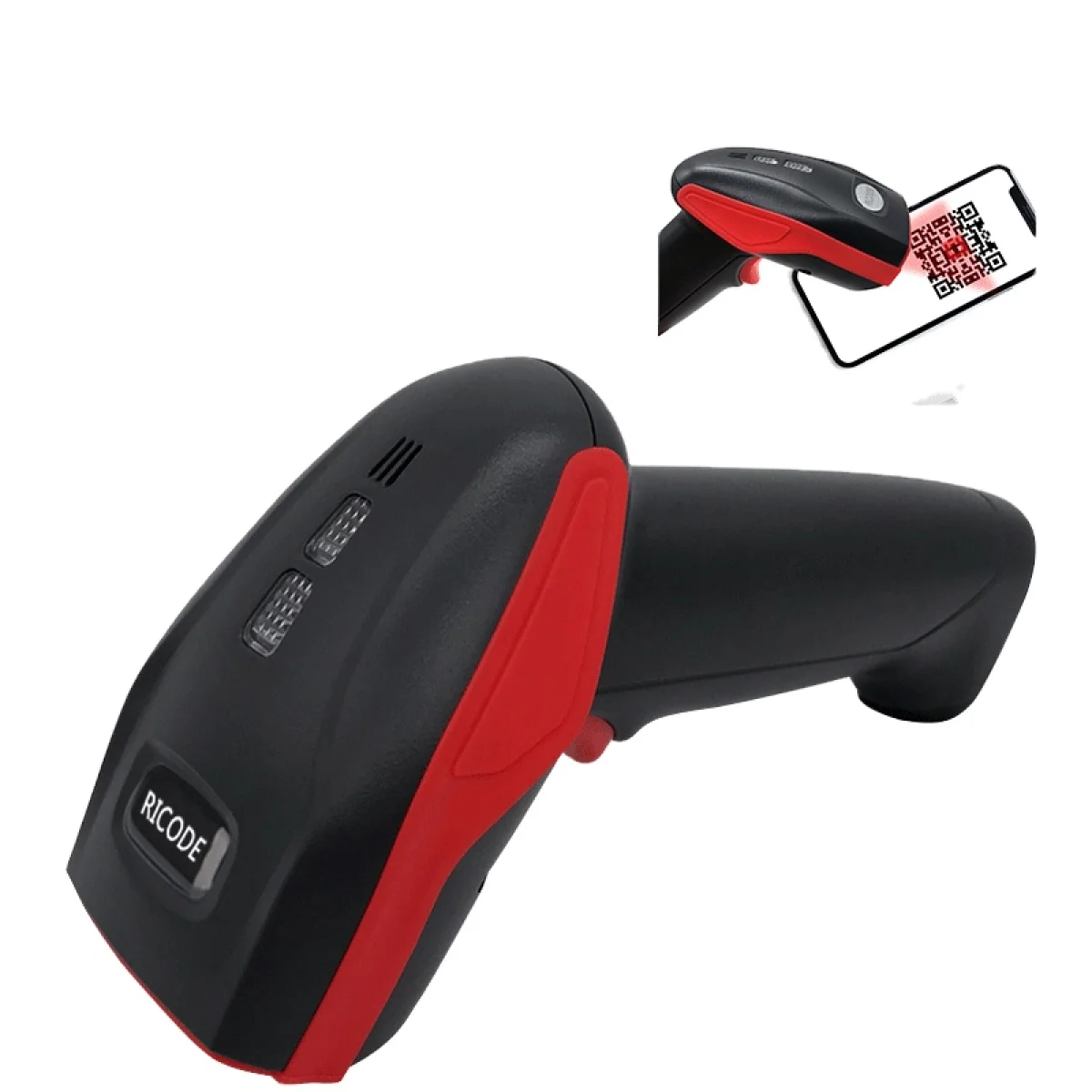 RiCODE AK277B 2D Wireless Barcode Scanner 2.4G CMOS Hand-Free Red & Black - Image 2