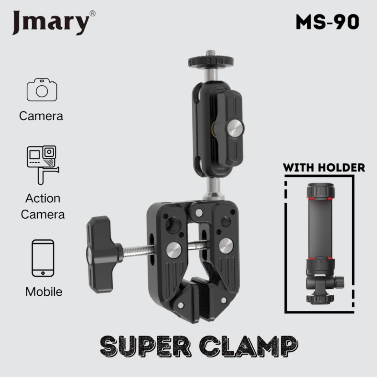 مشبك متعدد الوظائف Jmary MS-90 من الألمنيوم للكاميرا والهاتف - أسود