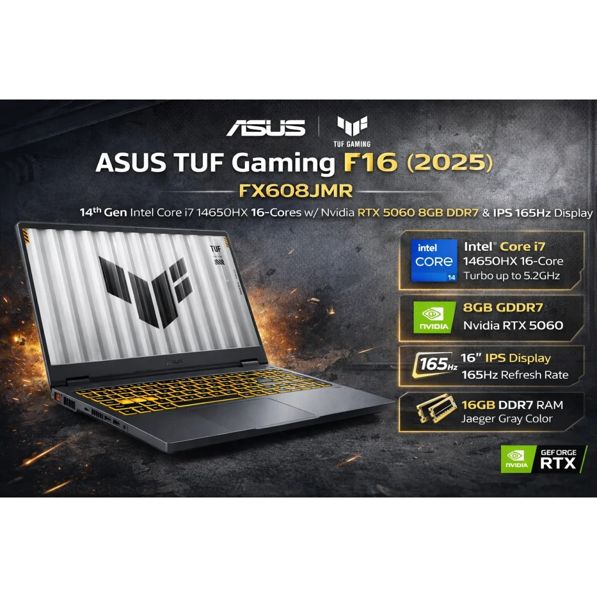 Asus TUF Gaming F16 (2025) FX608JMR 16-inch WUXGA 165Hz Gaming Laptop, Intel Core i7-14650HX, RTX 5060, 16GB RAM, 1TB SSD, Jaeger Gray