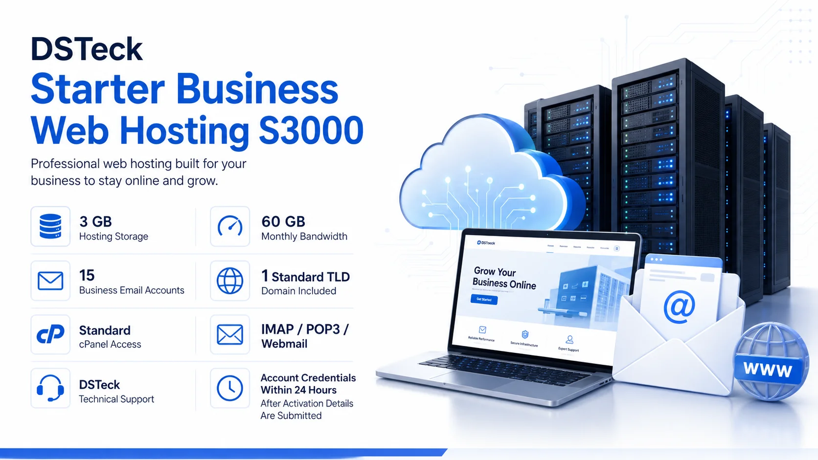 DSTeck S3000 Starter Business Web Hosting, 3GB Storage, 15 Emails & Free TLD Domain - 1 Year - Image 2
