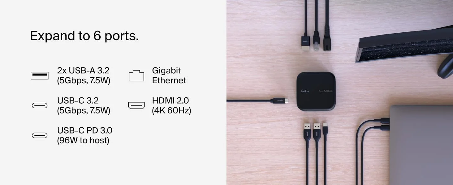 قاعدة لمجموعة واسعة من المنافذ Belkin Connect USB-C 6-in-1 Core GaN Dock 130W مع 96W PD وHDMI 4K وUSB-A وUSB-C وGigabit Ethernet - Image 8