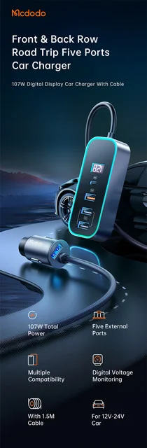 Mcdodo CC-1900 107W 4-Port USB & Type-C Car Charger with Digital Display - Thumbnail 9