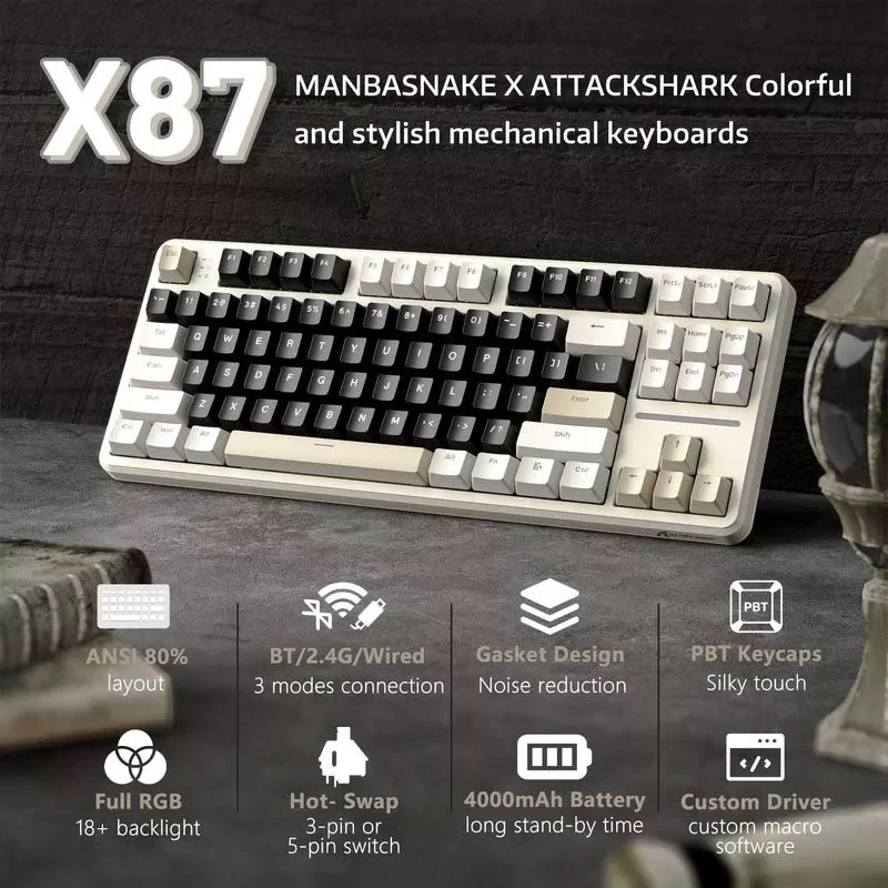 كيبورد ATTACK SHARK X87 ميكانيكي ثلاثي الاتصال بتصميم Gasket بلون Star Black وسويتش Strawberry - Image 2