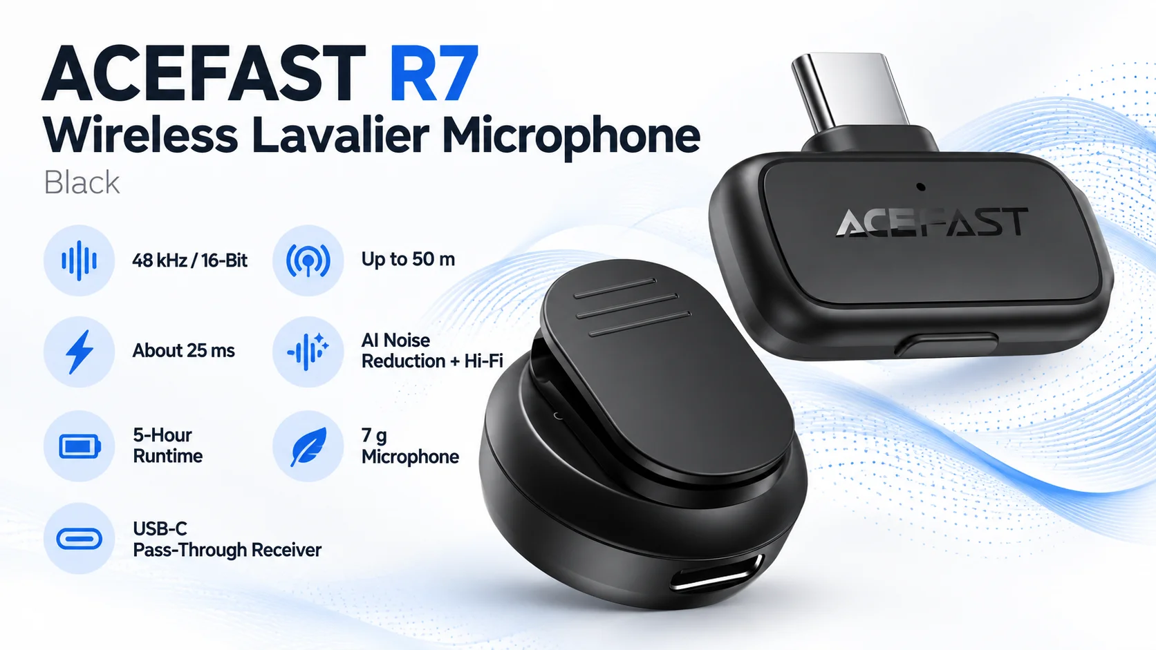 مايكروفون لافالير ACEFAST R7 لاسلكي 2.4GHz مع مستقبل USB-C - أسود - Thumbnail 9