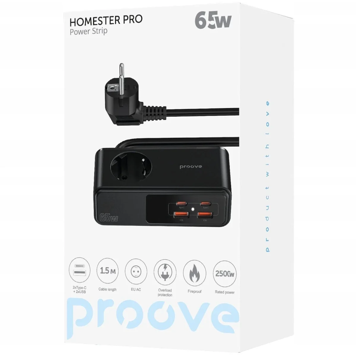 مشترك كهربائي Proove Homester Pro بقدرة 65 واط مع 3 مقابس AC ومنفذي USB-C ومنفذي USB-A وكابل 1.5 متر - أسود - Image 3