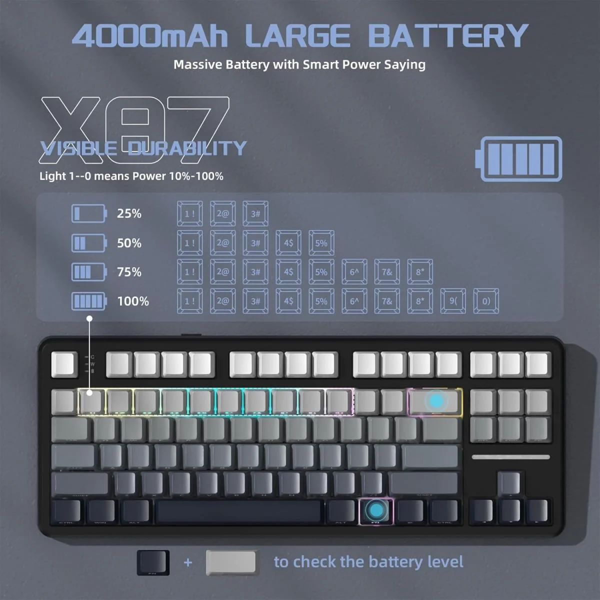 ATTACK SHARK X87 Tri-Mode Wireless Mechanical Gaming Keyboard, TKL 87-Key, Moon Light - Thumbnail 4