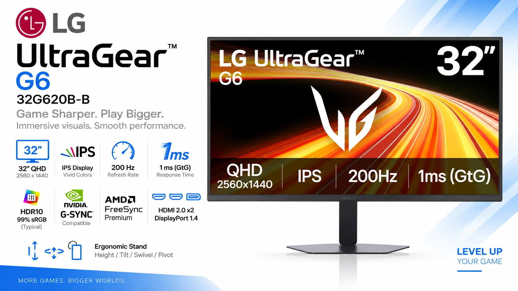 LG 32G620B-B UltraGear 32-inch IPS 2K QHD Gaming Monitor, 200Hz, 1ms, HDR10, G-SYNC Compatible, FreeSync Premium, HDMI, DisplayPort, Adjustable Stand - Thumbnail 13