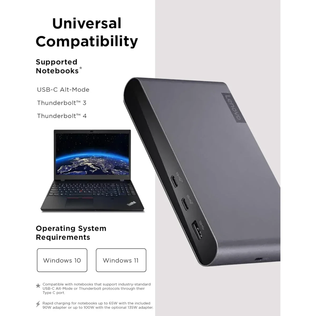 محطة إرساء Lenovo USB-C Universal Business Dock مع شحن 65W ومنفذ DisplayPort 1.4 وHDMI 2.0 و3 منافذ USB-A و2 USB-C - Image 2