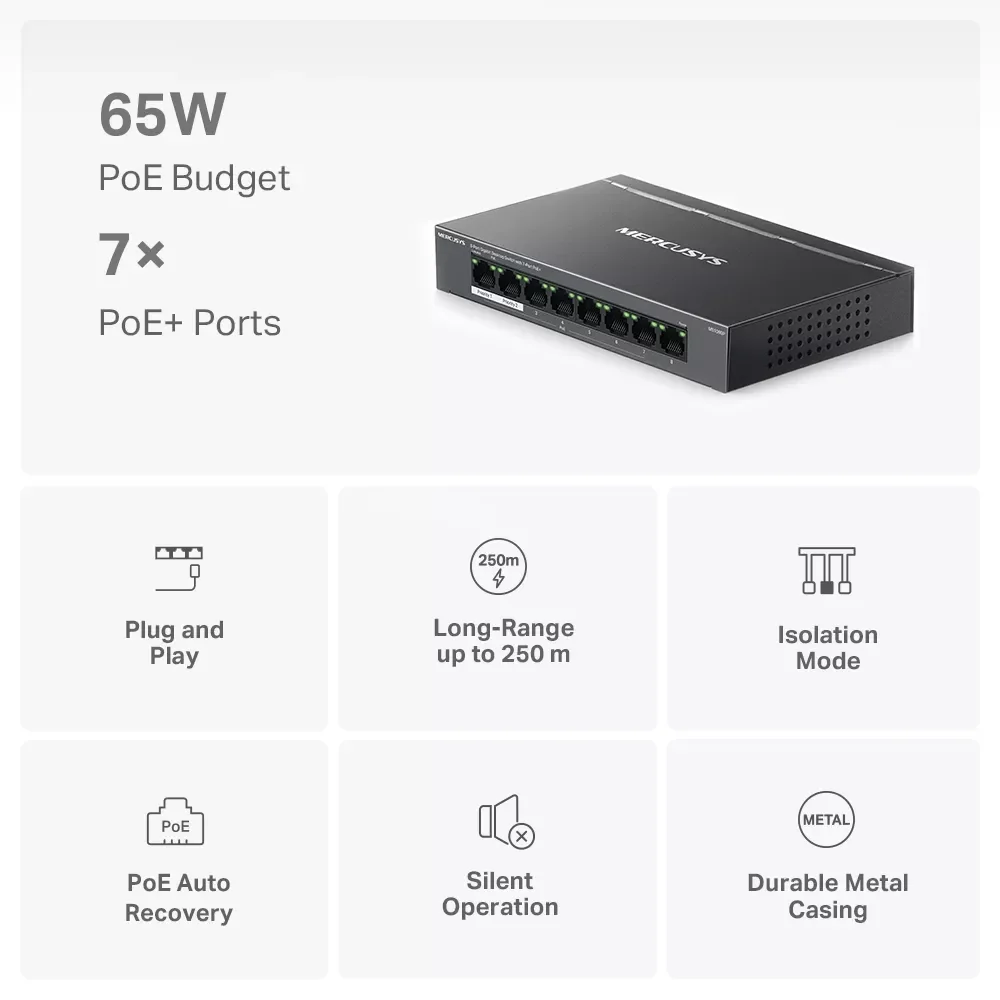 سويتش MERCUSYS MS108GP مكتبي جيجابت 8 منافذ مع 7 منافذ PoE+ - Thumbnail 6