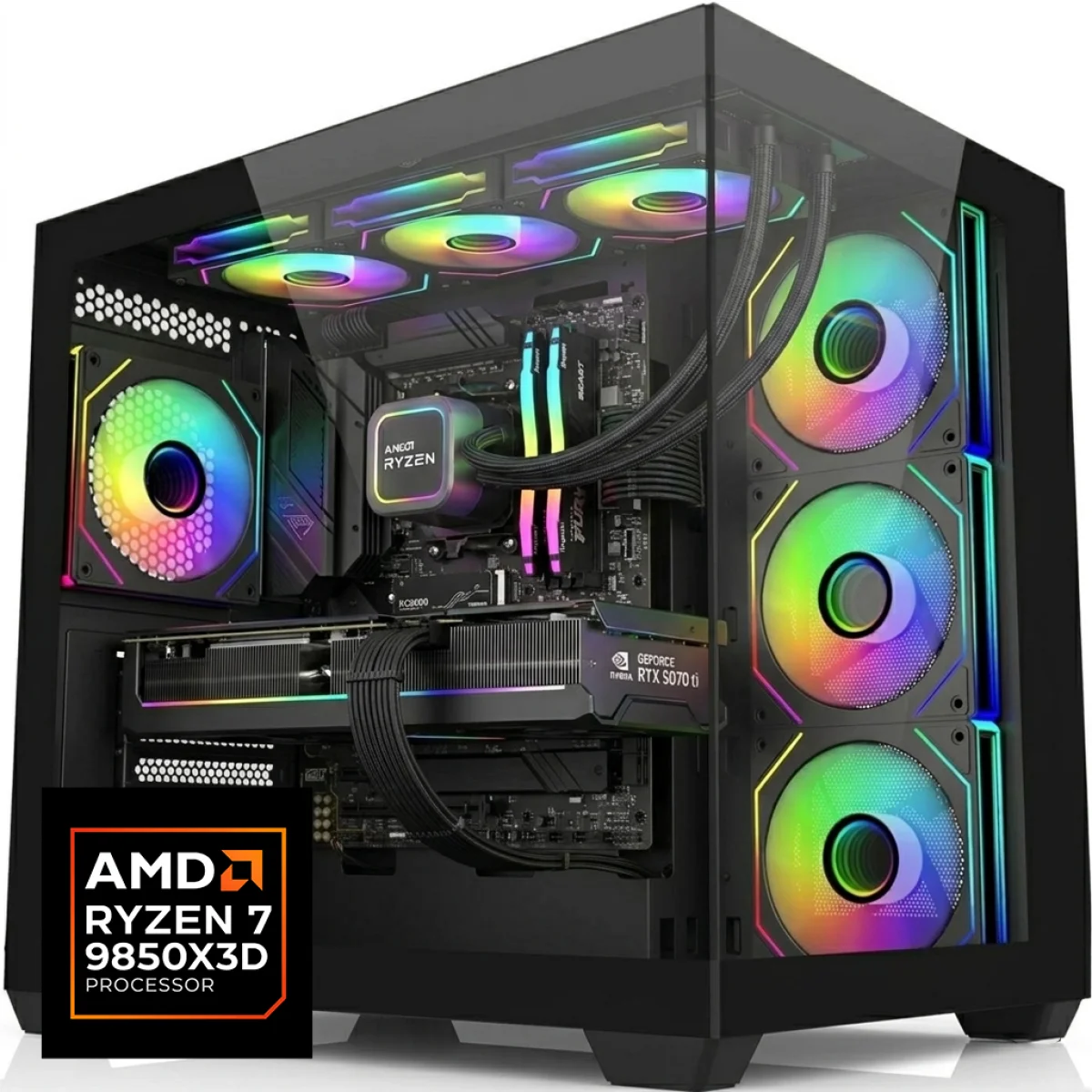 كمبيوتر ألعاب GTS 9850X3D بمعالج AMD Ryzen 7 9850X3D وكرت RTX 5070 12GB ورام 32GB DDR5 وتخزين 1TB NV3