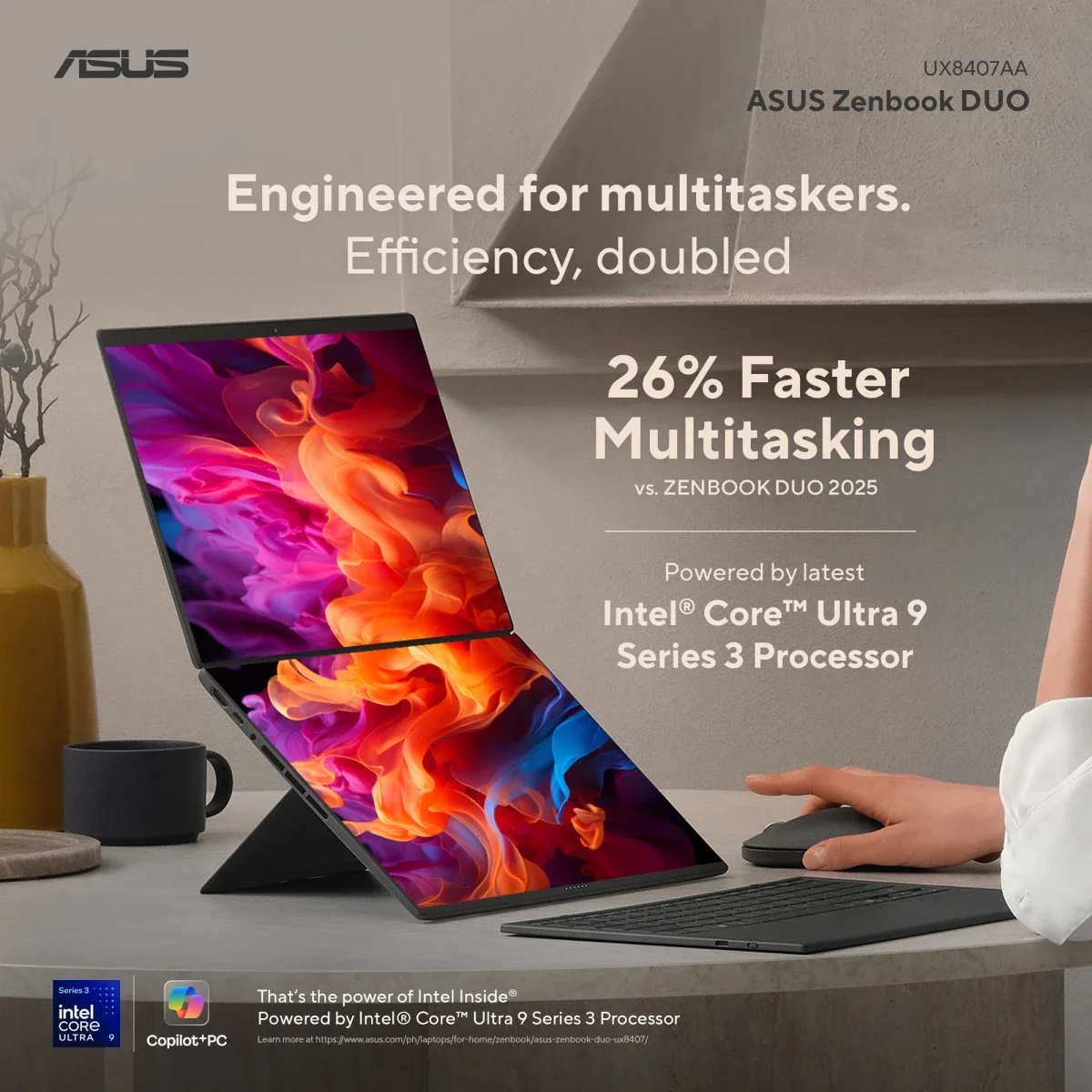 Asus Zenbook DUO UX8407AA-SN099W Dual-Screen AI Laptop 14 Inch 3K OLED Touch 144Hz Intel Core Ultra 9 386H 32GB RAM 2TB SSD