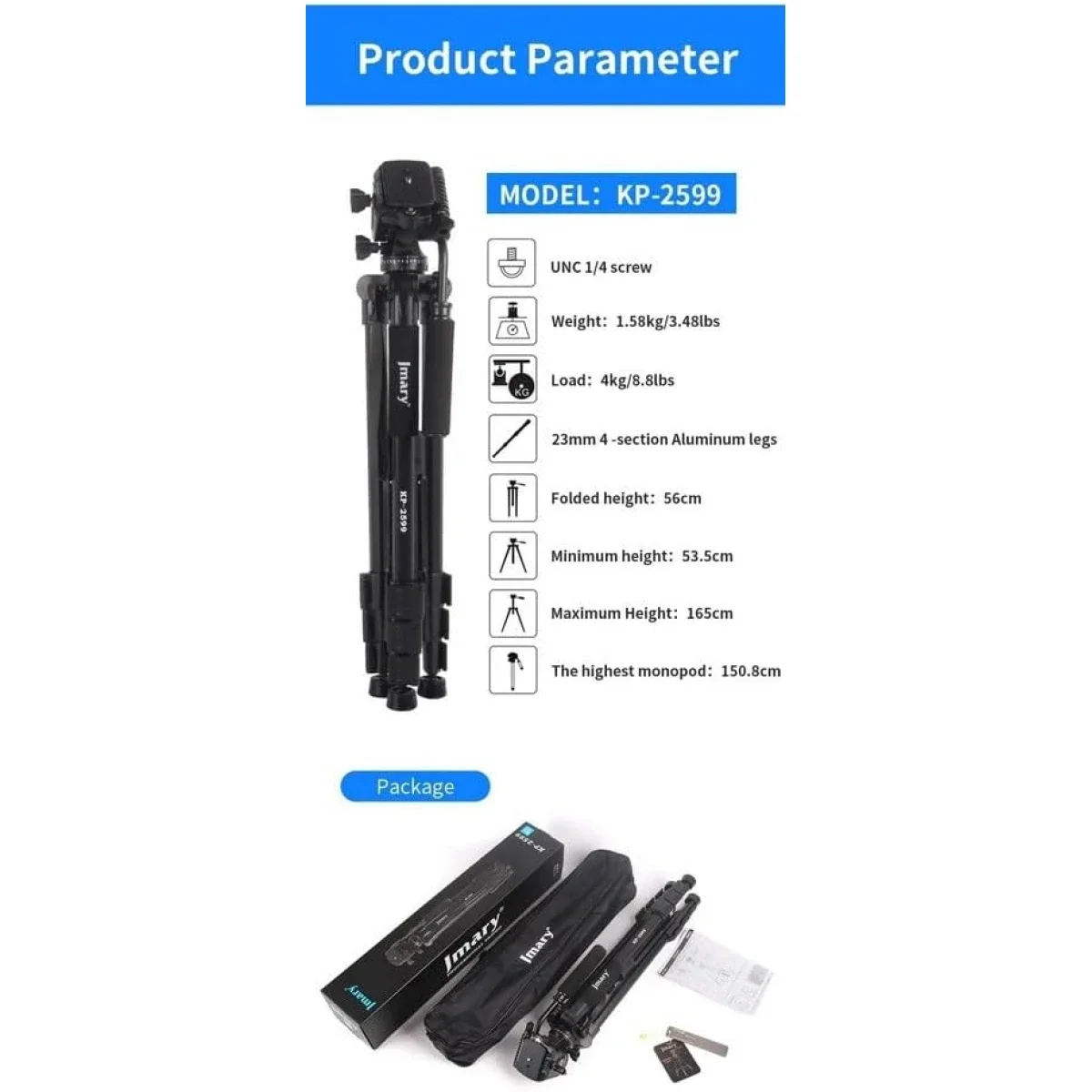 Jmary KP-2599 Professional Aluminum Tripod and Monopod for DSLR Cameras & Smartphones - Black - Thumbnail 8