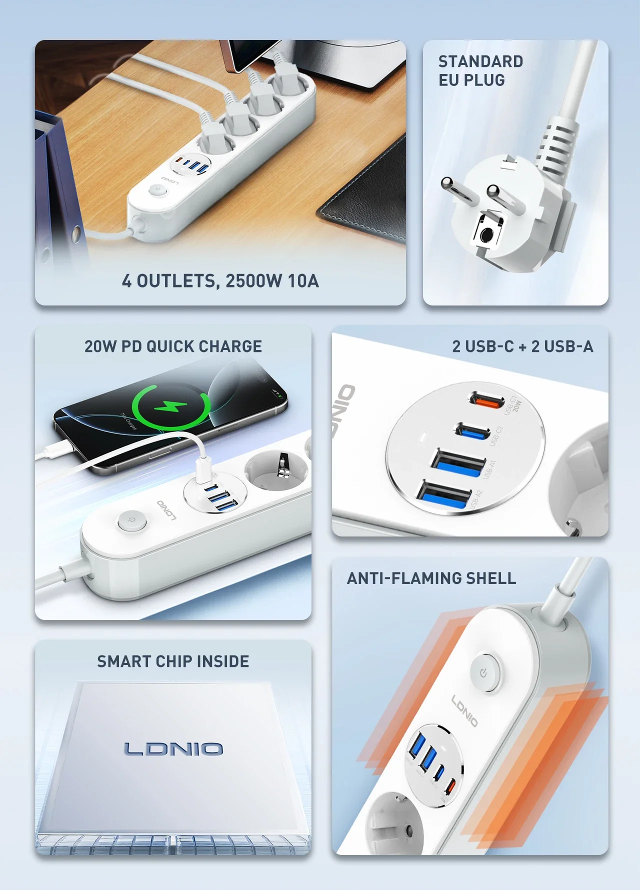 LDNIO SE1-C 20W PD Power Strip with 4 EU Outlets and 4 USB Ports - White - Thumbnail 8