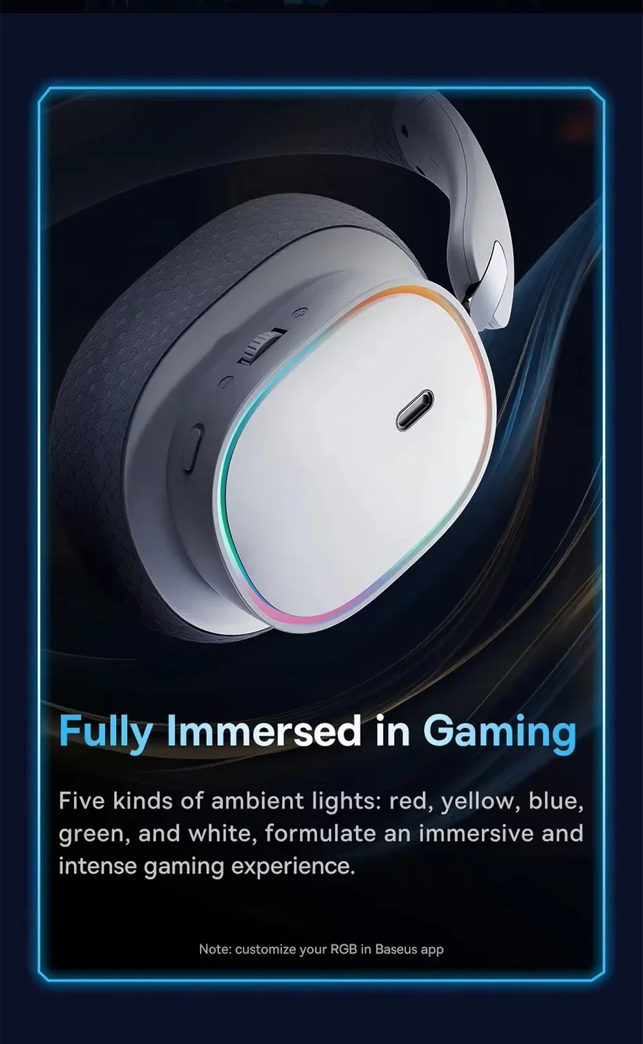Baseus GH02 Wireless Gaming Headphones with ANC, RGB, 40mm Drivers and 40-Hour Playtime - White - Thumbnail 20