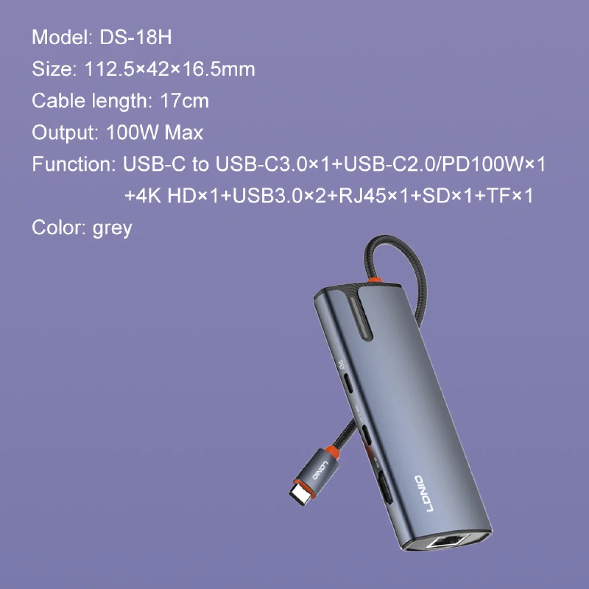 محطة إرساء LDNIO DS-18H ‏8 في 1 بمنفذ USB-C مع 100W PD و4K HDMI وRJ45 وSD/TF - رمادي - Thumbnail 6