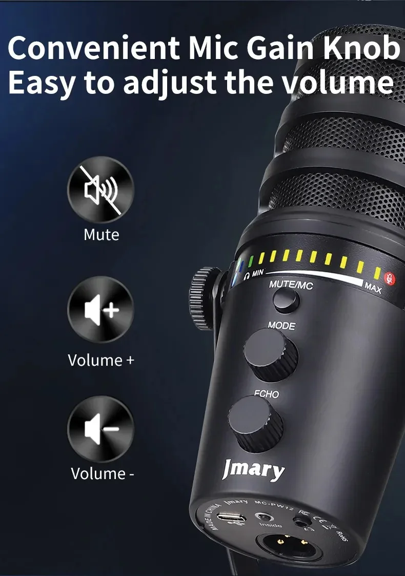 Jmary MC-PW12 USB Cardioid Desktop Microphone with Mute & Zero-Latency Monitoring - Image 15