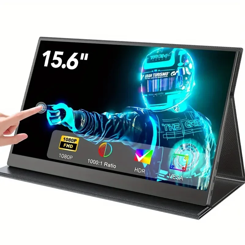 شاشة محمولة تعمل باللمس 15.6 إنش FHD IPS بتردد 60 هرتز مع سماعات وغطاء جلدي ومنافذ USB-C / HDMI
