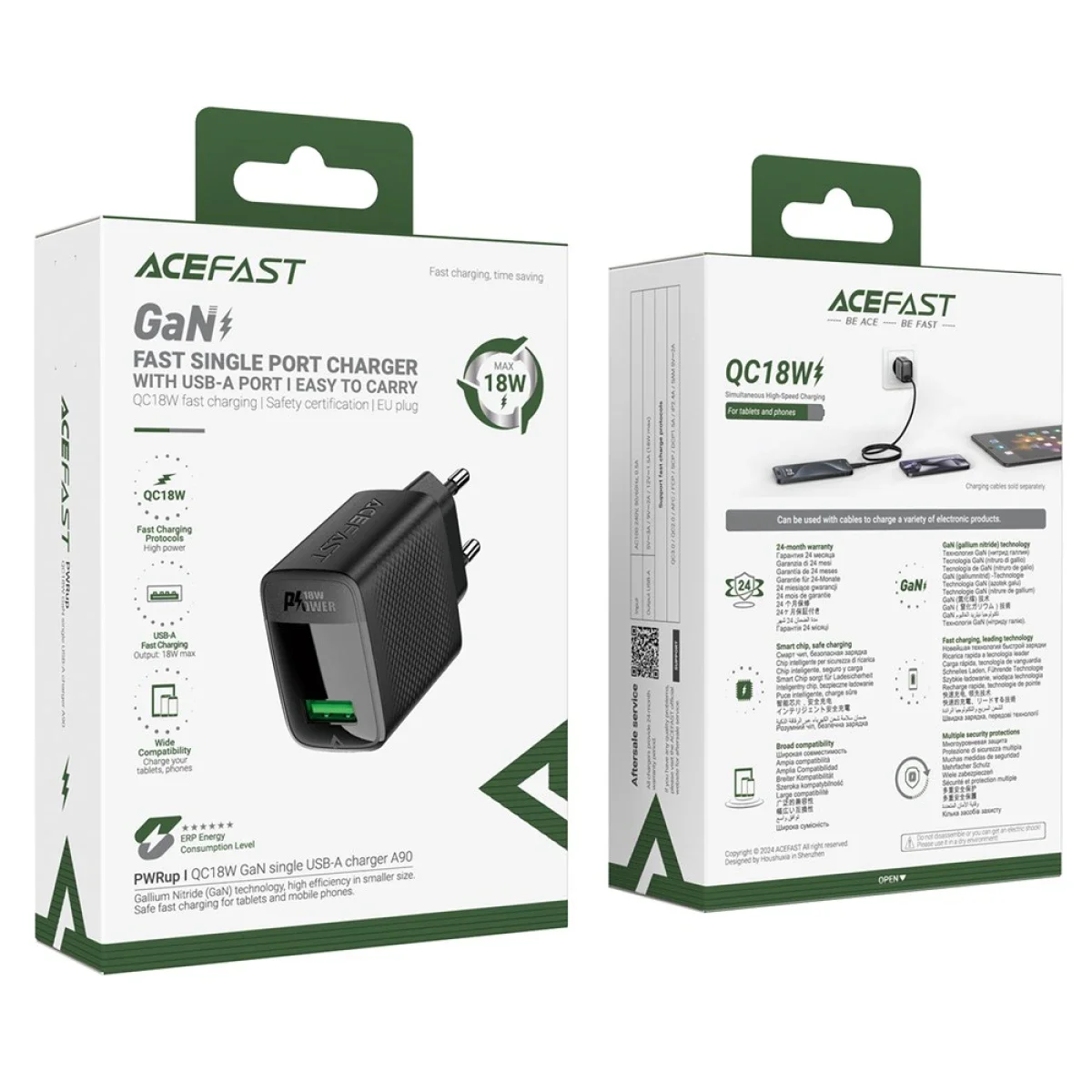 شاحن حائط ACEFAST A90 بتقنية GaN وقدرة 18 واط ومنفذ USB-A وقابس أوروبي أسود - Thumbnail 8