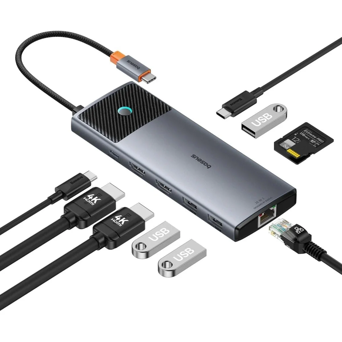Baseus Metal Gleam II Series 10-in-1 USB-C Hub with HDMI 4K 60Hz, RJ45, SD/TF, 3.5mm, PD 100W - Space Grey