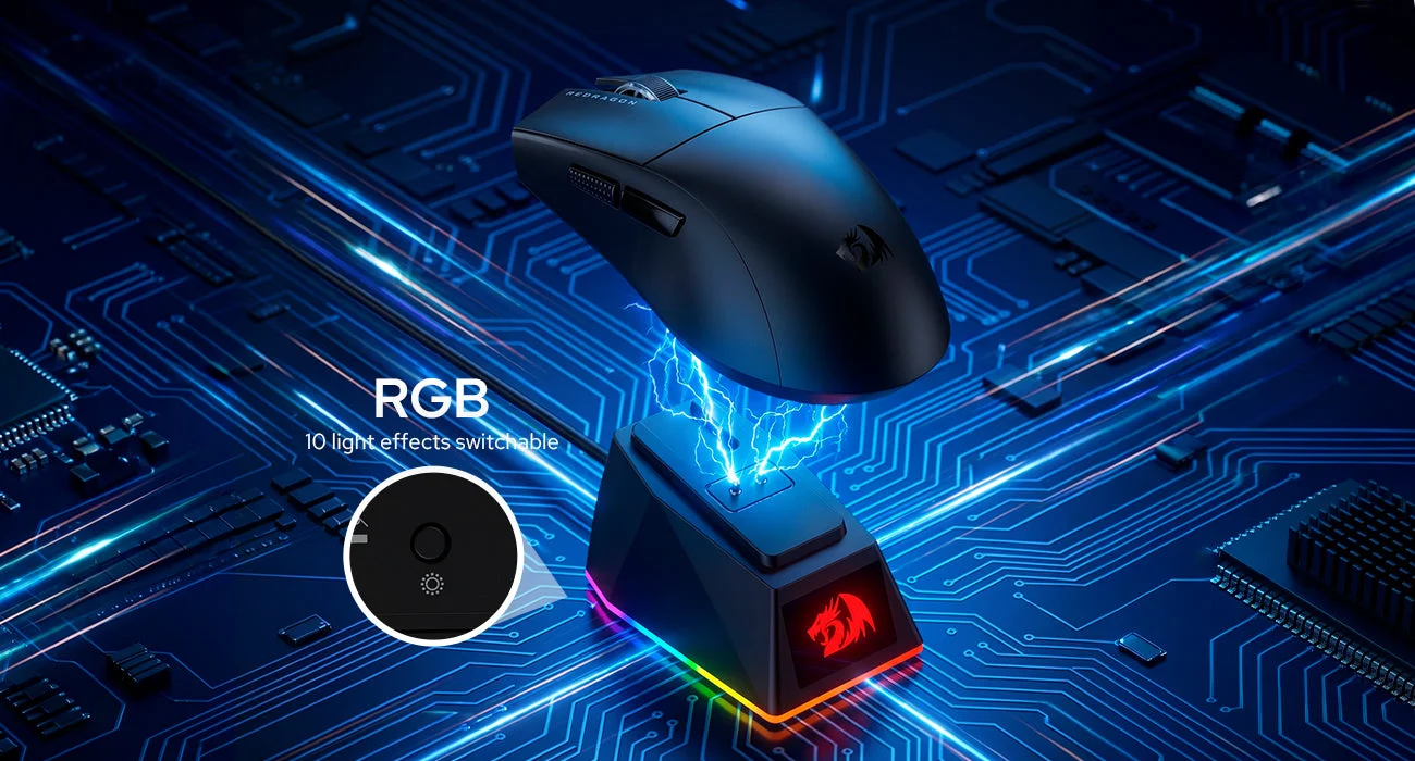 ماوس ألعاب Redragon K1NG M999 لاسلكي فائق الخفة ثلاثي الاتصال مع قاعدة شحن RGB، أسود، 45000 DPI - Thumbnail 15