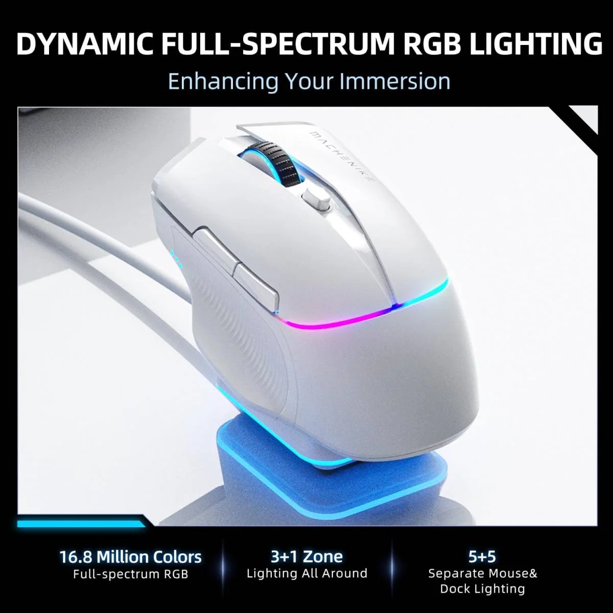 ماوس ألعاب MACHENIKE L8 Pro لاسلكي 8KHz مع قاعدة شحن RGB، 26000 DPI، أبيض - Thumbnail 6