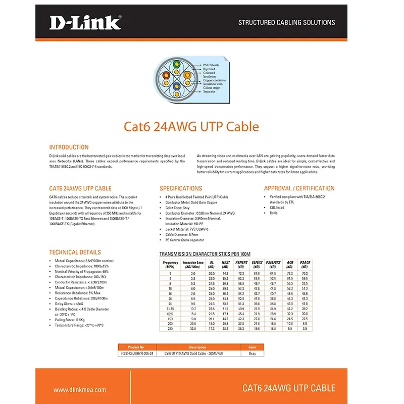كيبل شبكة D-Link NCB-C6UGRYR-305-24 Cat6 UTP بسماكة 24AWG رول 305 متر - Thumbnail 2