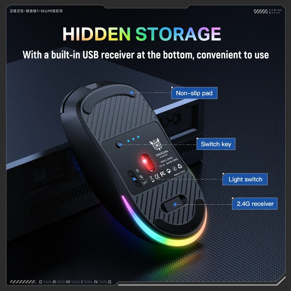 ONIKUMA CW935 Tri-Mode Wireless Gaming Mouse, 4K Hz Polling Rate, Black - Image 6