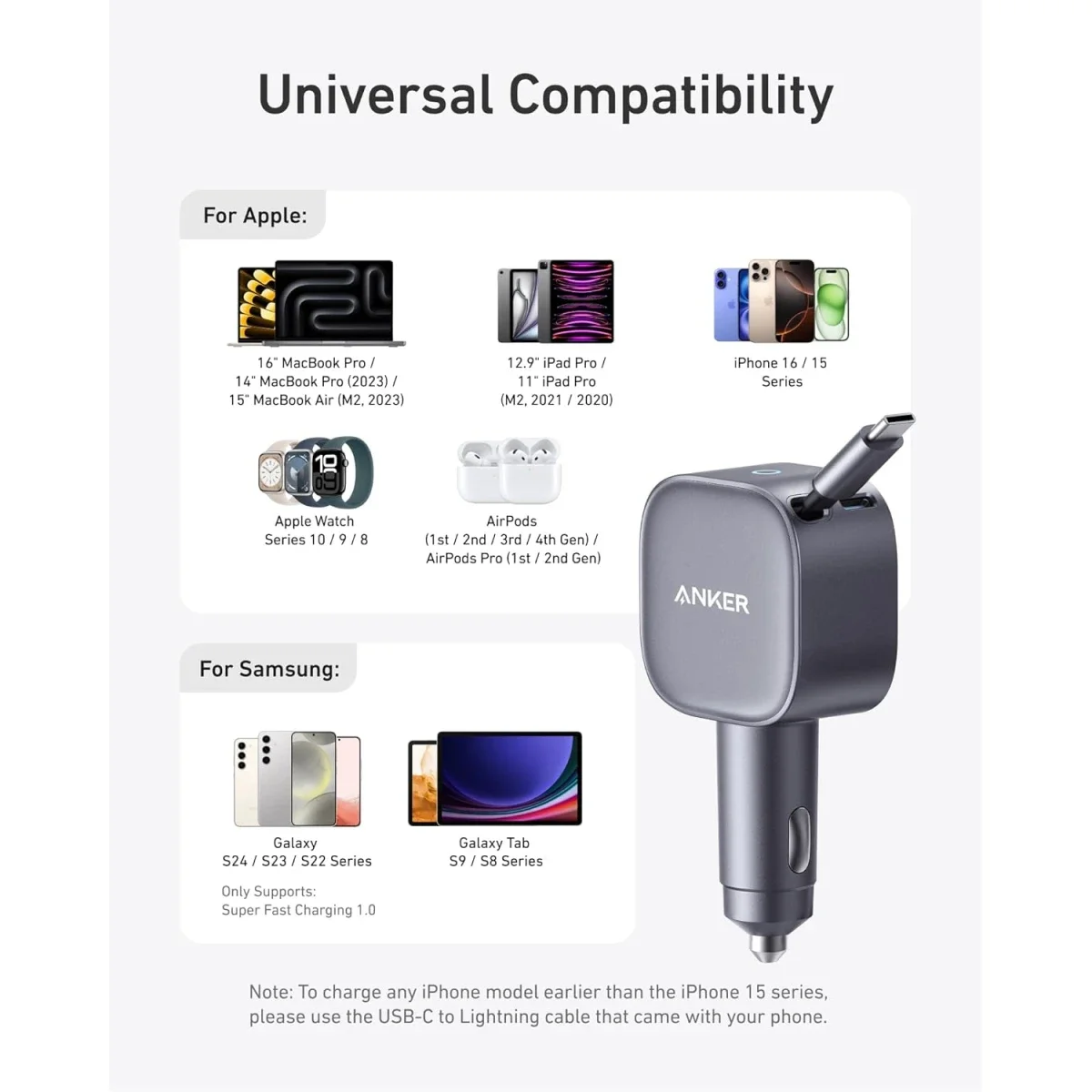 شاحن سيارة Anker USB-C بقدرة 75 واط مع كابل قابل للسحب - Thumbnail 2