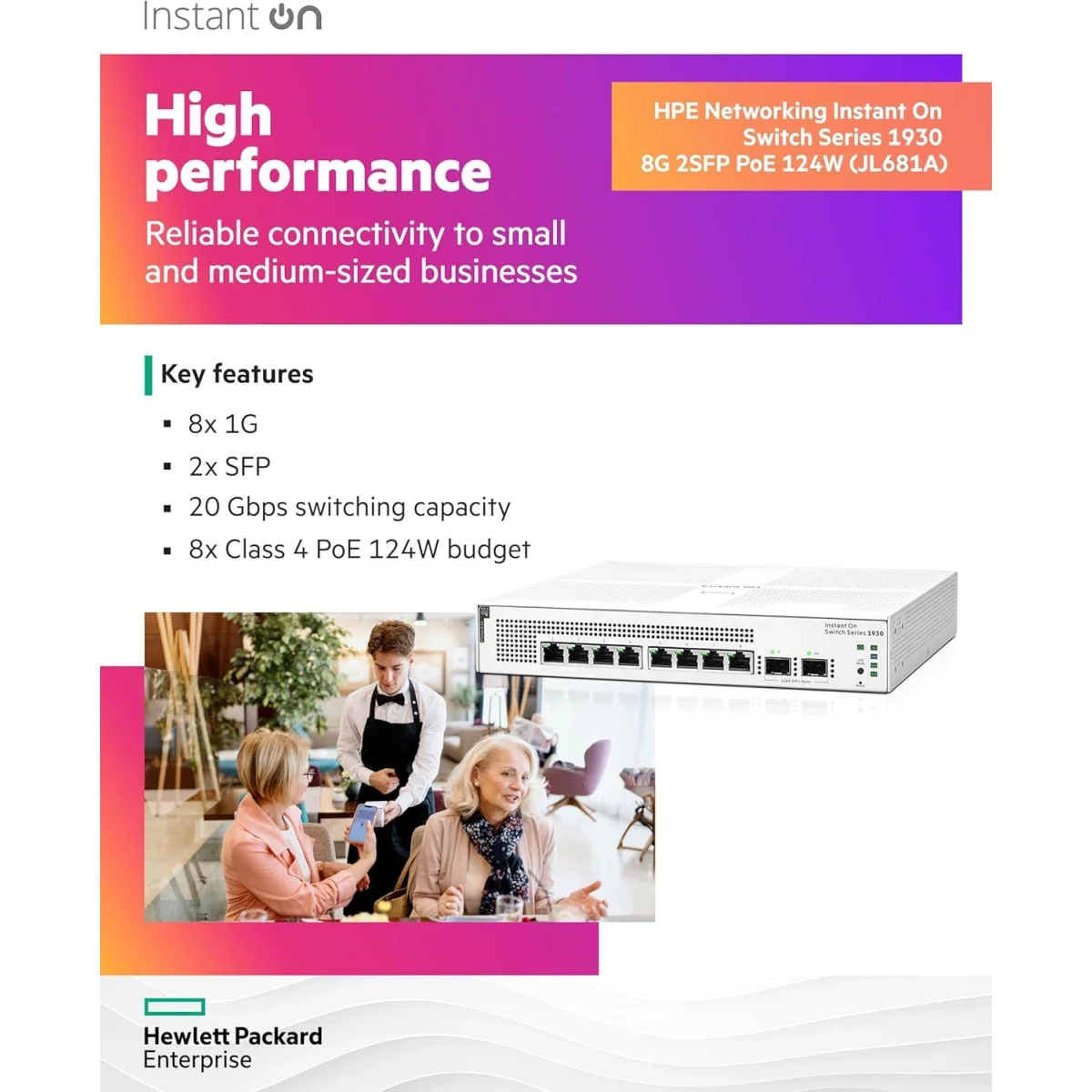 سويتش HP Aruba Instant On 1930 ذكي مُدار جيجابت 8 منافذ Layer 2+ مع 2 SFP وPoE بقدرة 124W، أبيض - Image 2