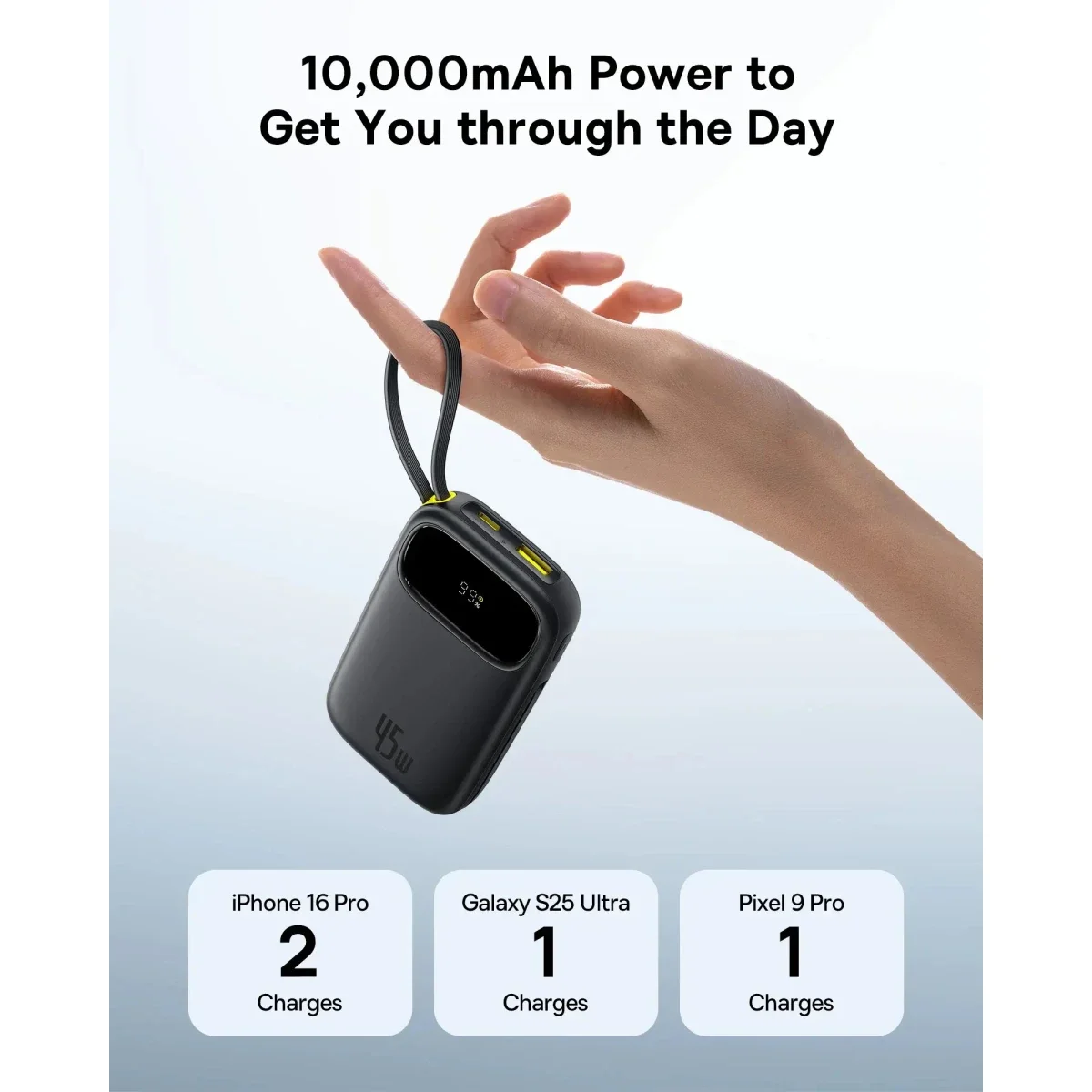 Baseus Qpow 3 Cosmic 10000mAh 45W Power Bank with 2 Built-in USB-C Cables - Black - Thumbnail 5