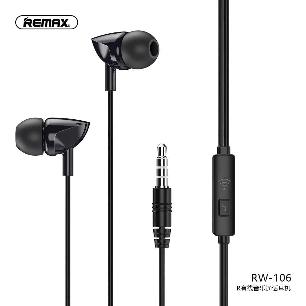 Remax RW-106 Wired In-Ear Earphones with HD Mic, 3.5mm Jack - Black