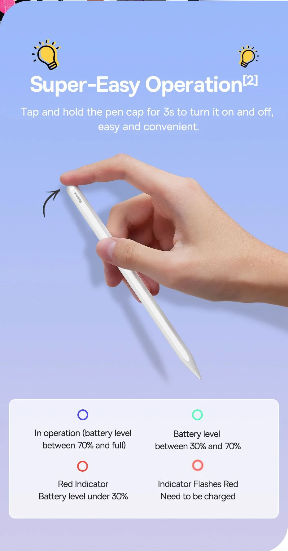 قلم لمس نشط Baseus Smooth Writing 2 Series Stylus Lite بمؤشرات LED، أبيض - Thumbnail 15