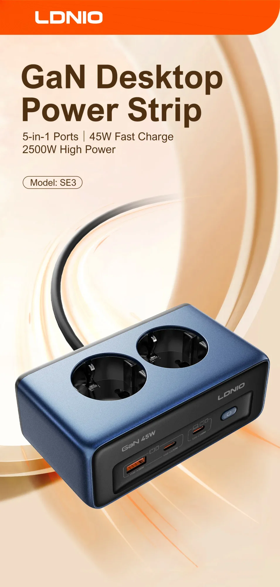 وصلة كهرباء LDNIO SE3 EU مع 4 مقابس AC و3 منافذ USB - Image 9