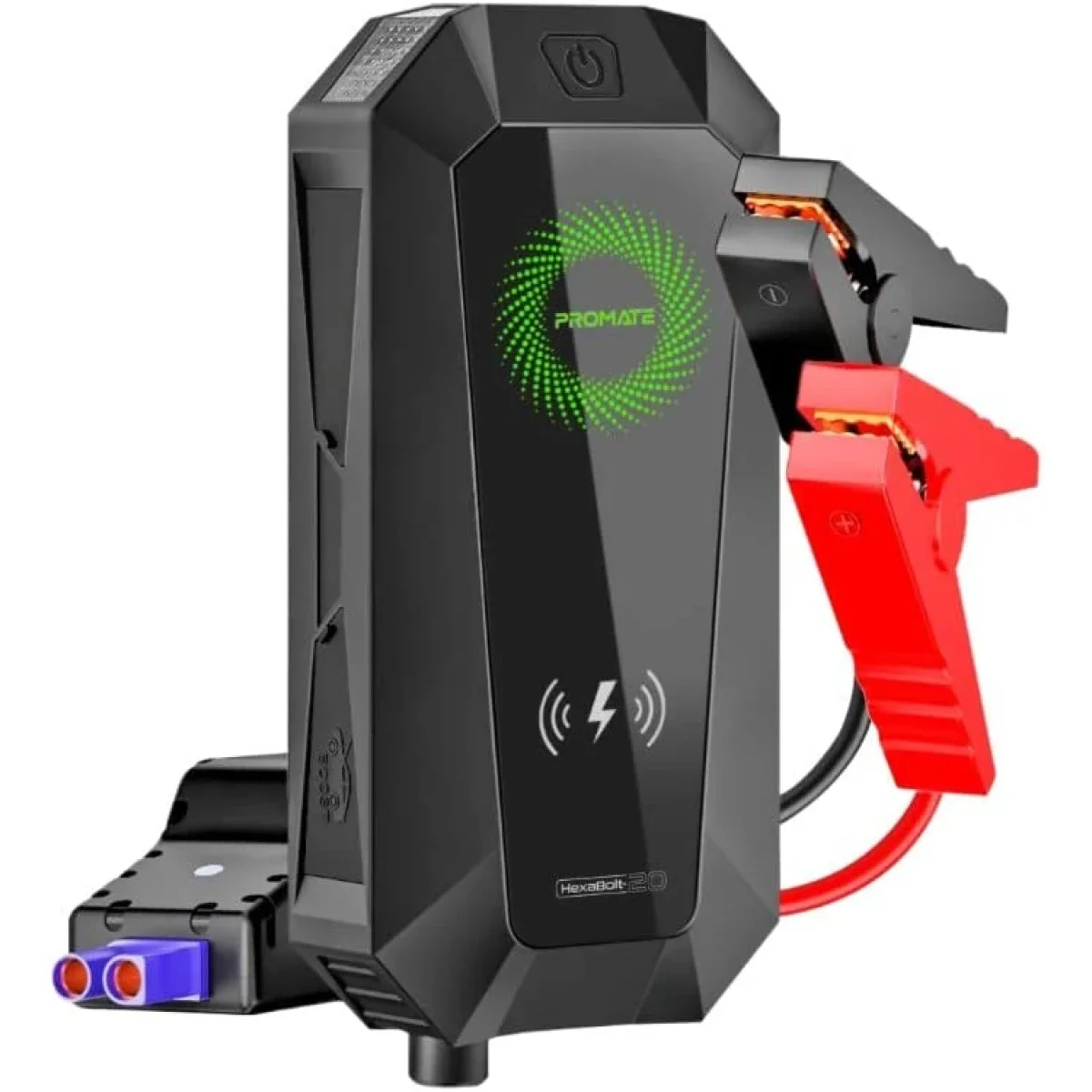 مشغل بطارية سيارة Promate HexaBolt-20 بقوة 1500A و12V مع باور بانك 19200mAh وشحن Qi 10W - أسود - Thumbnail 2