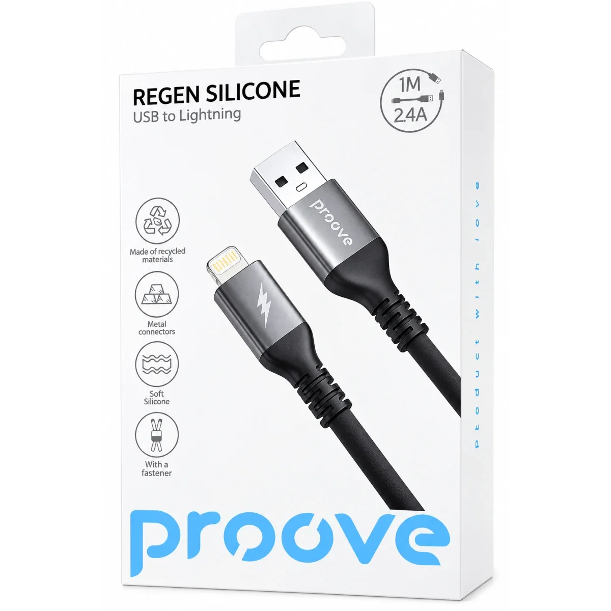 كيبل شحن ونقل بيانات Proove Soft Silicone من USB إلى Lightning بقدرة 2.4A وطول 1m أسود - Thumbnail 2