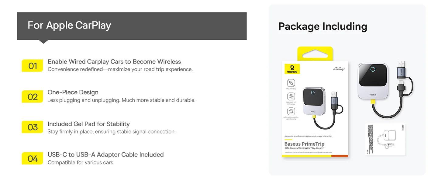Baseus PrimeTrip Wireless CarPlay Adapter for iPhone, Grey - Thumbnail 23