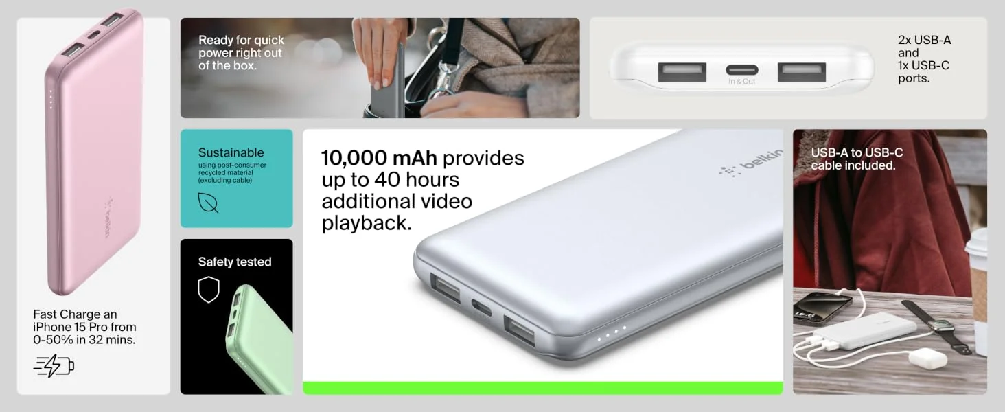 Belkin BoostCharge 10000mAh USB-C Power Bank with 2 USB-A Ports, 15W, Gray - Thumbnail 9