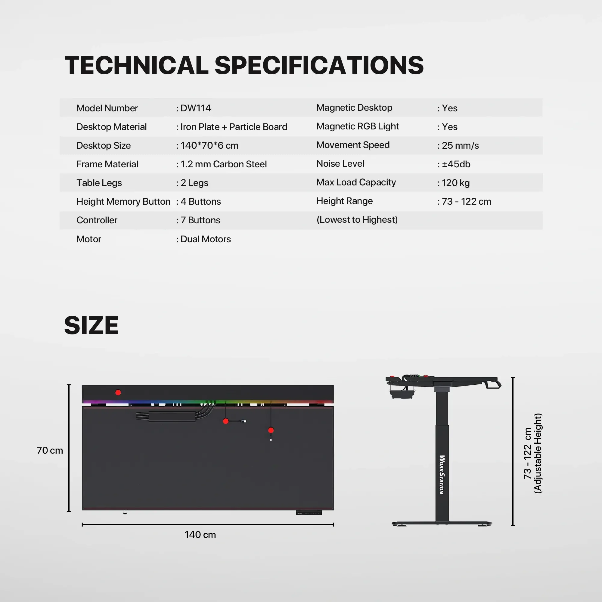 Fantech DW114 Dublin Dual Motor Adjustable Magnetic Gaming Desk 140 x 70 cm - Image 9