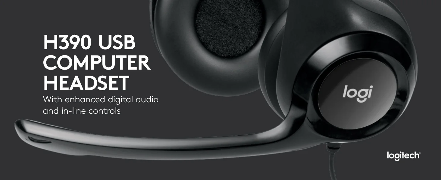 Logitech H390 Wired USB Headset with Noise-Cancelling Microphone, In-Line Controls - Black - Thumbnail 2