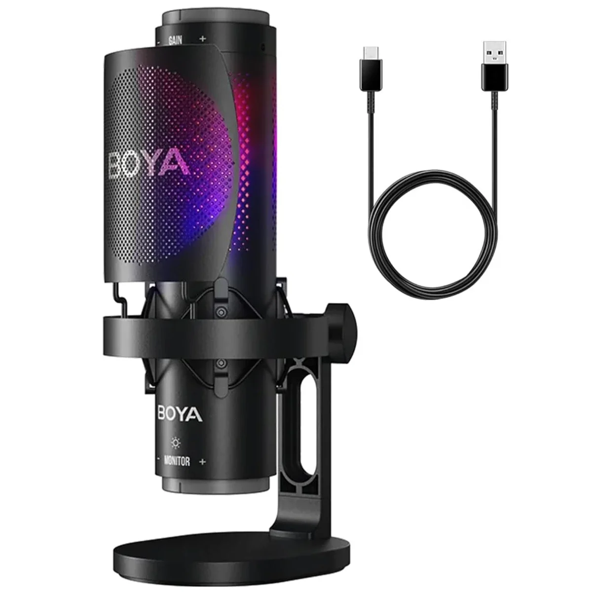 ميكروفون مكثف للألعاب Boya K9 RGB USB-C مع طقم فلتر بوب وحامل مضاد للصدمات - أسود