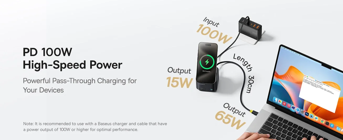 موزع USB-C Baseus MagPro Series II 7 في 1 مع شاحن لاسلكي Qi2 بقدرة 15W ومنفذ HDMI بدقة 4K@60Hz وشحن PD بقدرة 100W وسرعة 10Gbps وقارئ بطاقات SD - أسود - Image 18