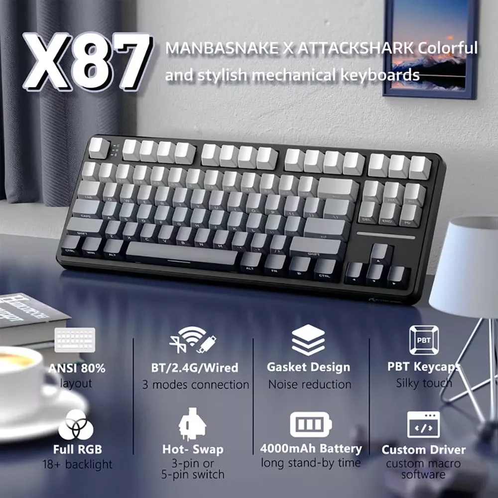 كيبورد ATTACK SHARK X87 ميكانيكي ثلاثي الاتصال بتصميم Gasket، إصدار Moonlight Night وسويتش Strawberry - Image 3